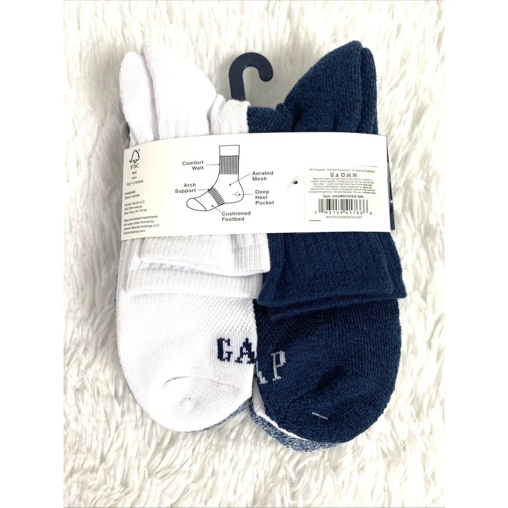Gap Socks Men’s 6 Pair Navy Blue White Cushioned Mid Crews Casual Size 6-12